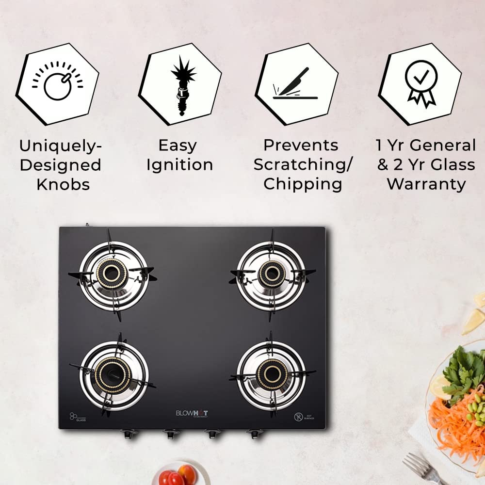 Buy Blowhot Jasper Toughened Glass Top 4 Burner Manual Gas Stove (ISI